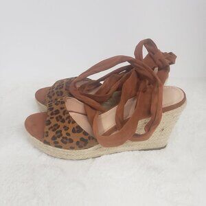Unbranded Leopard Print Faux Suede Tie Ankle Jute Wedge Sandal Size 10